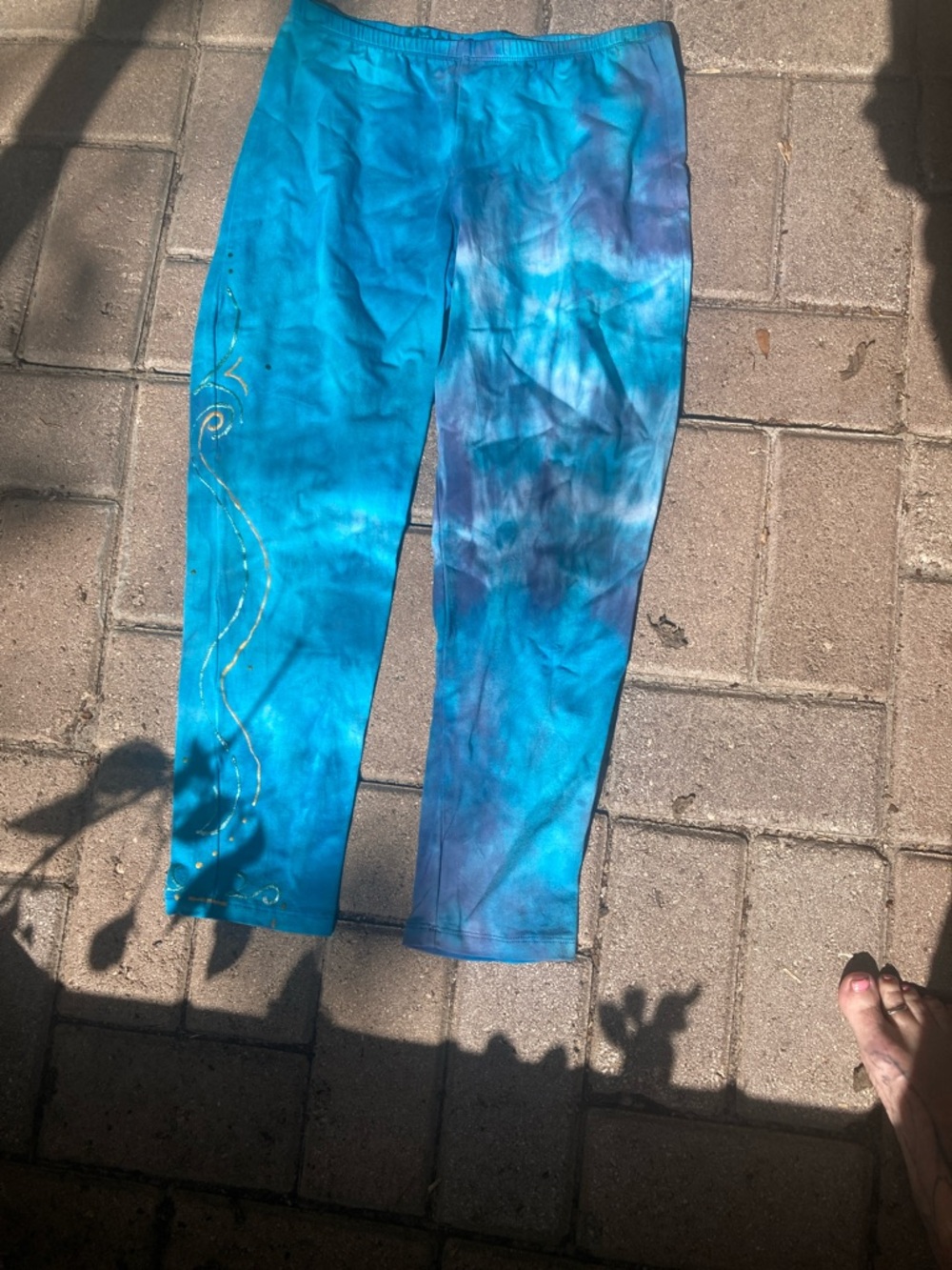 Hand Crafted Blue Tie-Dye Leggings with Gold Accent - Picture 1 of 7
